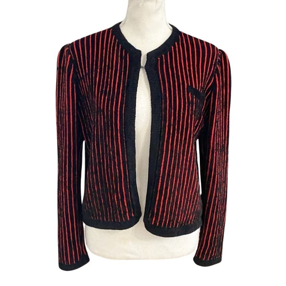 ST JOHN BY MARIE GRAY BLACK RED STRIPED CHENILLE KNIT CARDIGAN